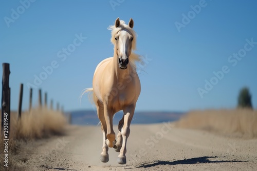 palomino horse running toward camera on a sunny day  clear skies