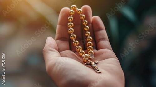 Weathered hands hold a crucifix rosary tightly, a profound symbol of faith and prayer. True to his religion. Hands holding a Rosary in prayer.