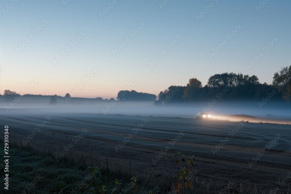 foggy rural landscape with a cars headlights emerging