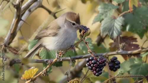 Eurasian blackcap female with blackberry, Sylvia atricapilla, birds of Montenegro. photo