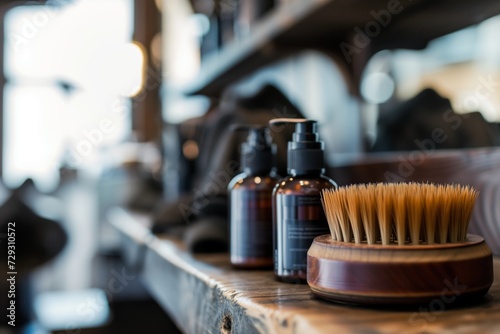 beard grooming products on column, wood brush in rear blur
