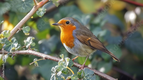 European Robin on branch, Erithacus rubecula, birds of Montenegro.