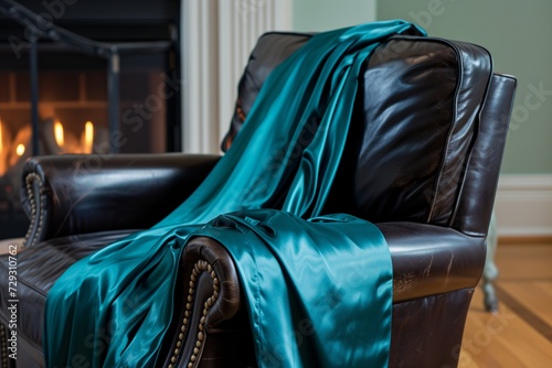 leather armchair by a fireplace, teal silk scarf draped across the arm