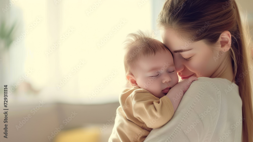 Care, love and mother with baby for bonding, relationship and child development together at home. New born, motherhood and happy mom carry infant for sleeping, support and affection in nursery room Care, love and mother with baby for bonding, relationship and child development together at home. New born, motherhood and happy mom carry infant for sleeping, support and affection in nursery room