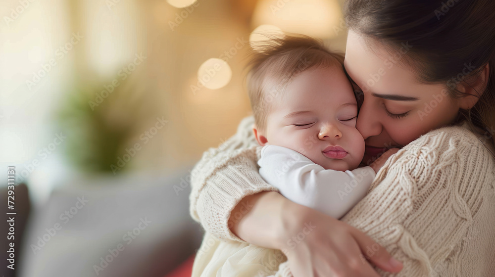 Care, love and mother with baby for bonding, relationship and child development together at home. New born, motherhood and happy mom carry infant for sleeping, support and affection in nursery room
