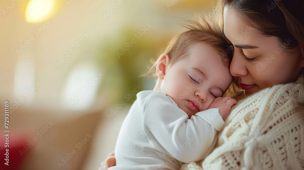 Care, love and mother with baby for bonding, relationship and child development together at home. New born, motherhood and happy mom carry infant for sleeping, support and affection in nursery room - obrazy, fototapety, plakaty 
