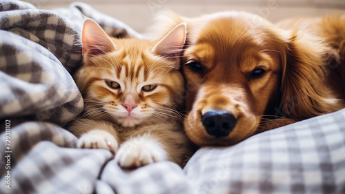 A ginger cat and golden dog snuggling together under a cozy checkered blanket