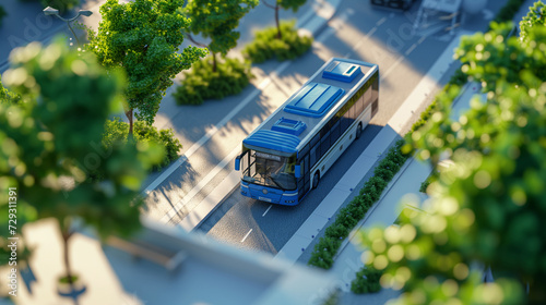 3D model of public transport, bus on city roads with green trees and bus stop