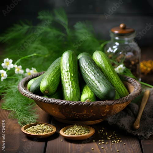 Green cucumbers in a bowl  summer harvest. AI generation