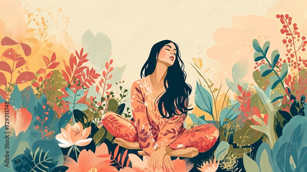 Woman Meditating Amidst Colorful Nature Woman Meditating Amidst Colorful Nature