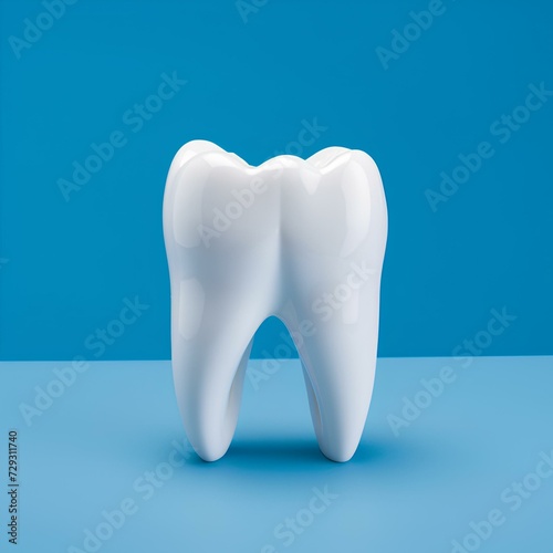 White healthy tooth on blue background  dentistry. AI generation. 