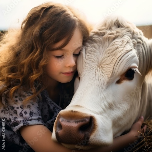 Portrait of kid girl hugging beef, vegan concept. AI generation