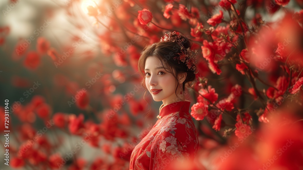 Young Chinese woman dressed in a traditional red dress, on a red ...