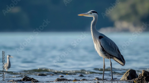 Gray Heron on seaside, Ardea cinerea, birds of Montenegro. © Santy Hong