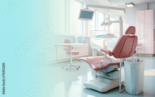 Modern dental practice. Dental chair and other accessories used by dentists in blue  medic light.
