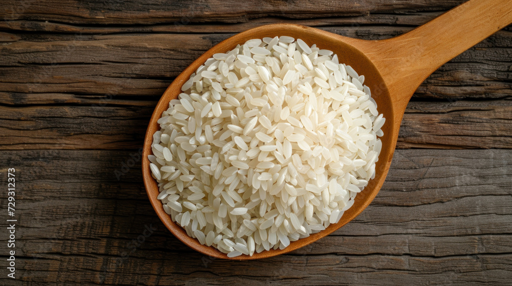 Rice pile in wooden spoon isolated on wood table background. Rice pile in wooden spoon isolated on wood table background.