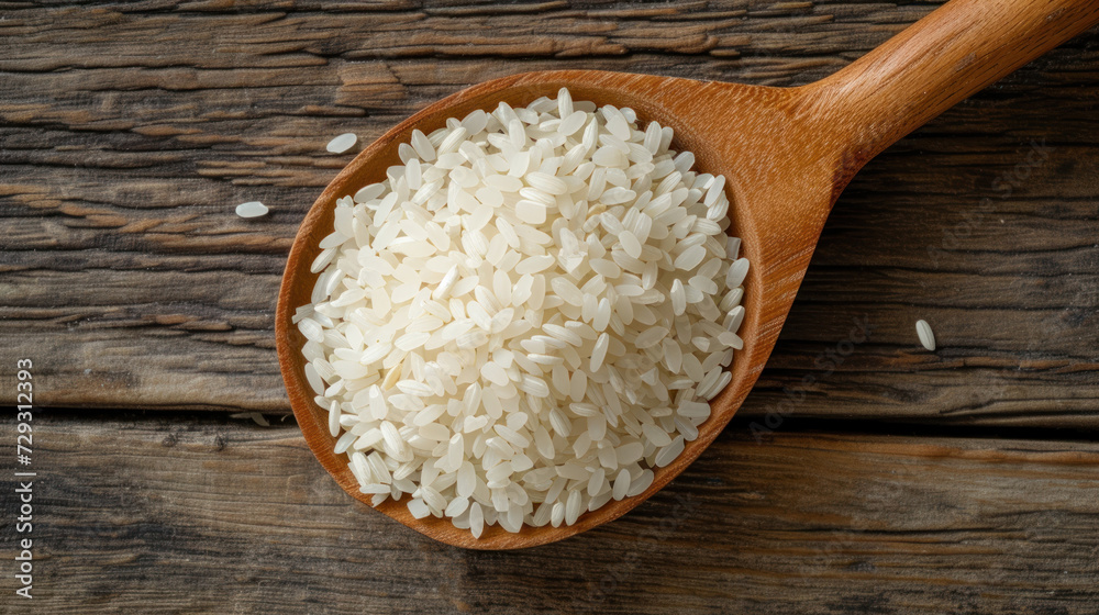 Rice pile in wooden spoon isolated on wood table background. Rice pile in wooden spoon isolated on wood table background.
