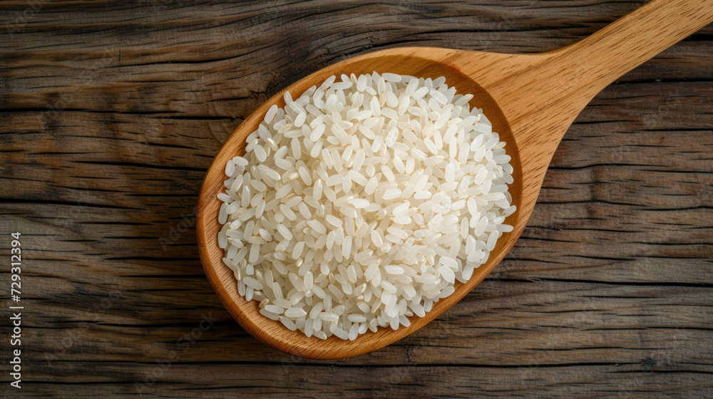 Rice pile in wooden spoon isolated on wood table background. Rice pile in wooden spoon isolated on wood table background.
