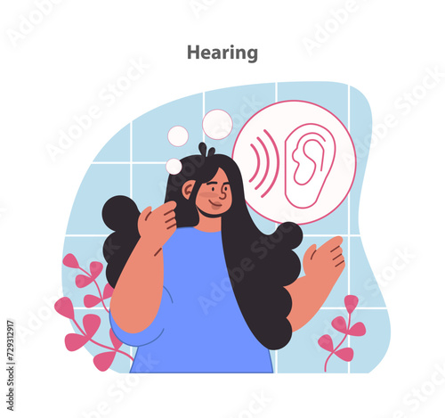 Hearing illustration. A joyful woman experiences the beauty of sound, with a visual representation of auditory waves. Flat vector illustration.