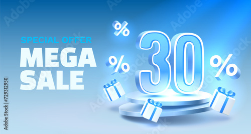 Mega sale special offer, 30 off sale banner. Sign board promotion. Vector illustration
