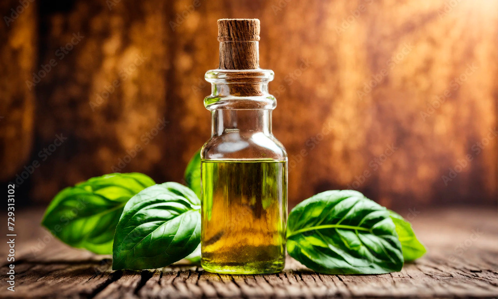 Basil essential oils in bottles. Selective focus. Basil essential oils in bottles. Selective focus.
