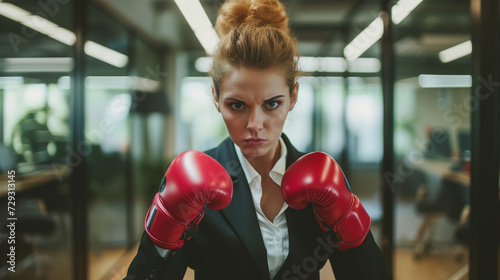 Businesswoman in office wearing red boxing gloves, looking determined © tiagozr