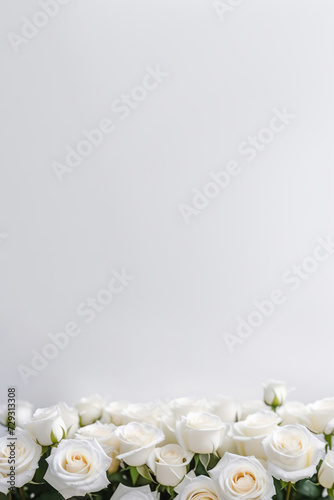 White roses bunch  blurred bokeh background. Defocused space for text placement. Vertical panoramic banner. Fresh blossoming delicate rose frame  flowers festive floral card  selective focus  toned