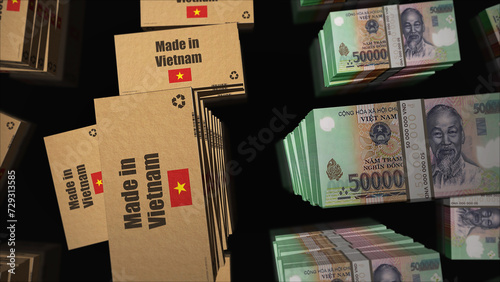 Made in Vietnam box and Vietnamese Dong money pack 3d illustration photo
