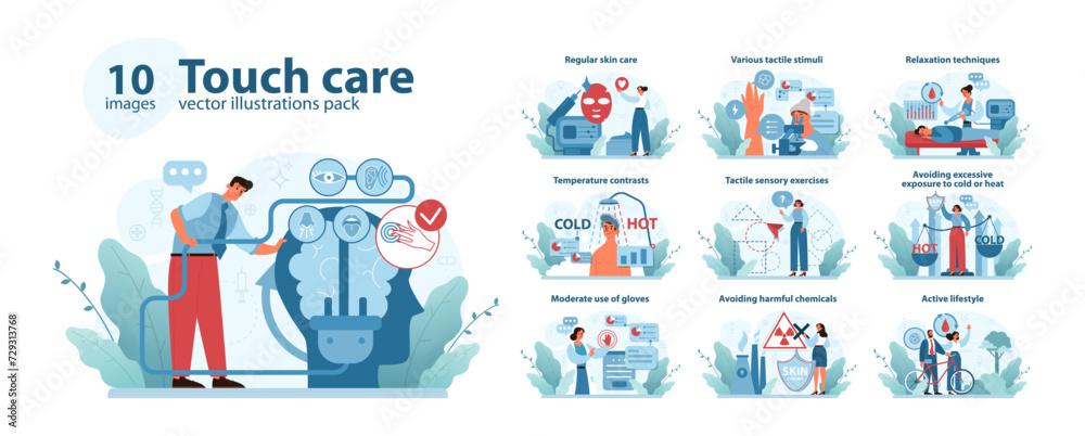 Fototapeta premium Touch care set. Comprehensive skin protection and sensory enhancement strategies. Includes regular skin care, temperature moderation, and active lifestyle. Vector illustration.