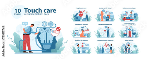 Touch care set. Comprehensive skin protection and sensory enhancement strategies. Includes regular skin care, temperature moderation, and active lifestyle. Vector illustration.