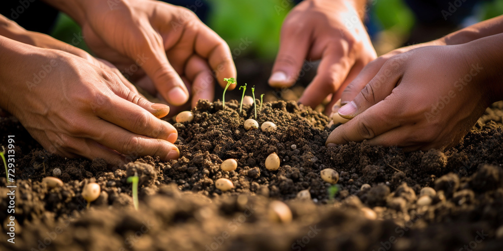 Caring for environment ecology. Many hands dig ground around plants. Farmers with sprout fertile land. Agriculture concept. Gardener on plantation presses sprouts into soil. Grow food Caring for environment ecology. Many hands dig ground around plants. Farmers with sprout fertile land. Agriculture concept. Gardener on plantation presses sprouts into soil. Grow food