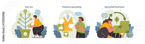 Upcycling Illustration Trio. Engaging visuals showcasing eco-art creation, fashion upcycling, and furniture repurposing, capturing the essence of sustainable innovation and lifestyle. photo