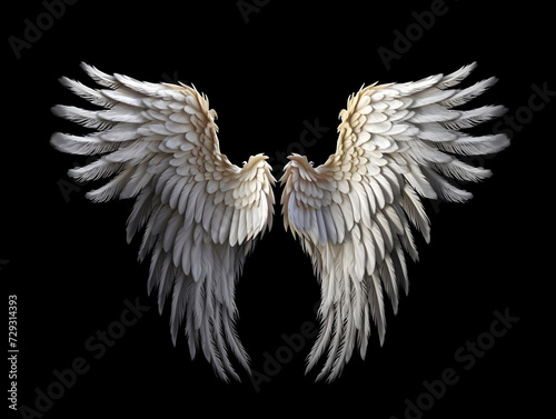 Angel wings isolated on the black background, fantasy feather wings for fashion design, cosplay and dress up party