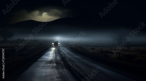 Moonlit Night Drive Through Enigmatic Fog