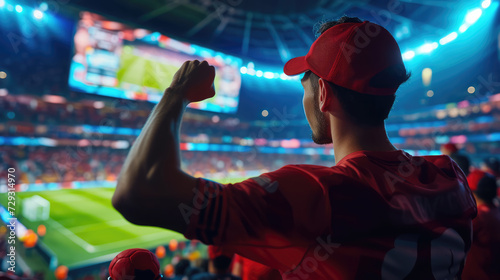 An enthusiastic fan in a red cap and jersey raises his fist in support at a vibrant, packed soccer stadium during a match. photo
