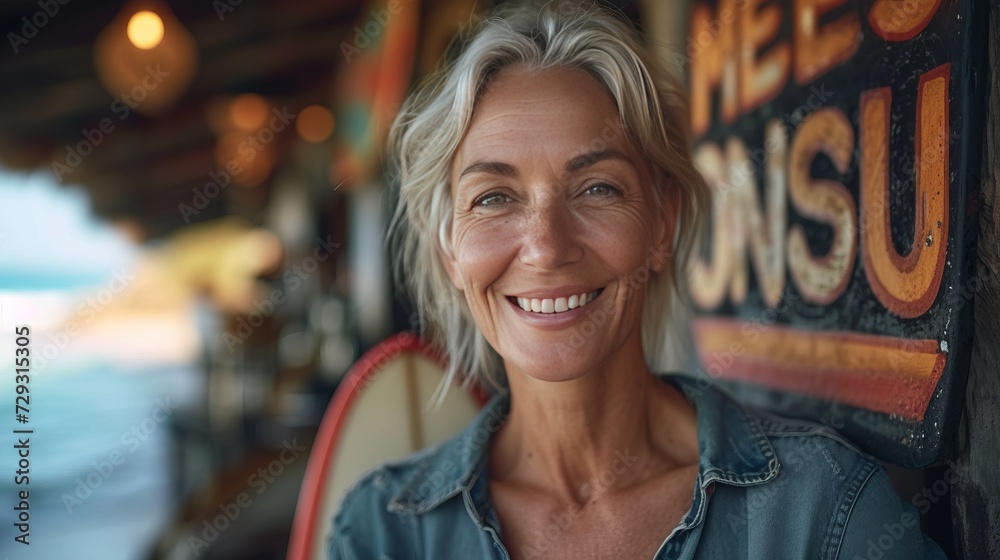 A happy smiling mature woman renting surfboards on the beach. She's an owner of a small business. A happy smiling mature woman renting surfboards on the beach. She's an owner of a small business.