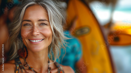 A portrait of a beautiful smiling middle-aged blonde woman standing with a surfboard on the beach