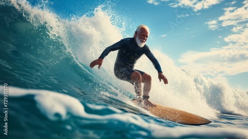 Happy senior man surfer with surfing huge wave standing on surfboard. Active senior people concept.