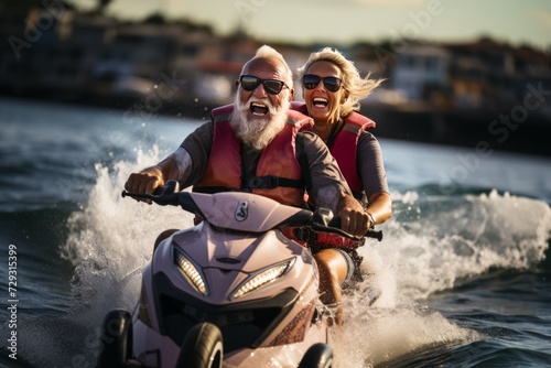 Happy mature senior couple in vests riding a jet ski on along sea coast. Happy active retirement concept.