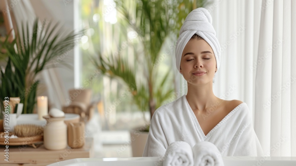 Calm serene young woman in spa bathrobe and towel relaxing after taking shower bath with her eyes closed at home. Beauty treatment concept Calm serene young woman in spa bathrobe and towel relaxing after taking shower bath with her eyes closed at home. Beauty treatment concept