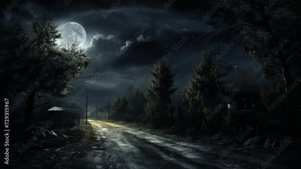 Eerie Nighttime Horror on a Lonely Road with a Starry Sky Eerie Nighttime Horror on a Lonely Road with a Starry Sky