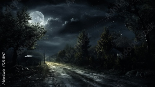Eerie Nighttime Horror on a Lonely Road with a Starry Sky