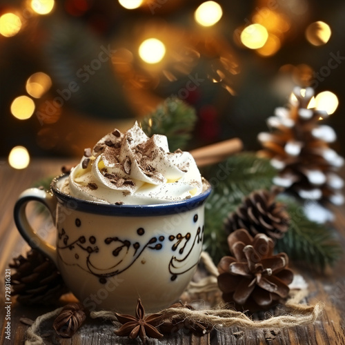 Hot chocolate with cream in color mug, on table, on Christmas decorations background, ai technology