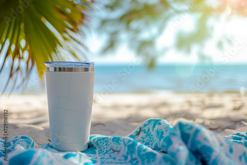 white tumbler mockup, Coffee glass, stainless steel, reusable mixer blank, insulated aluminum cup, on blurred beach background photo