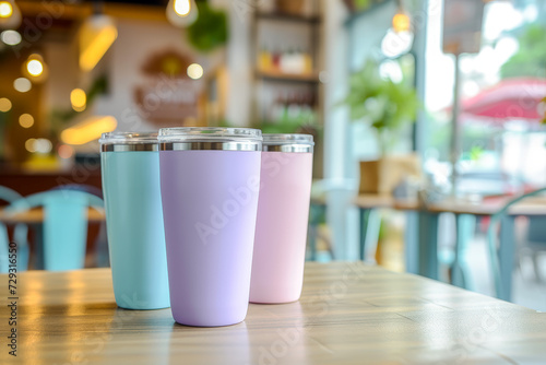 three pastel tumbler mockup, Coffee glass, stainless steel, reusable mixer blank, insulated aluminum cup, on blurred cafe background