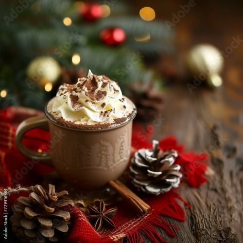 Hot chocolate with cream in color mug, on table, on Christmas decorations background, ai technology