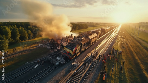 Massive train derail. Dramatic scene of a head-on collision between two trains in the night. fire, smoke, accident, spectators, many people watching