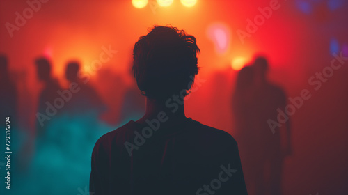 Back view of a person's silhouette against a colorful, blurred background