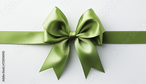 Green silk gift bow on white background, elegant ribbon for present wrapping with copy space