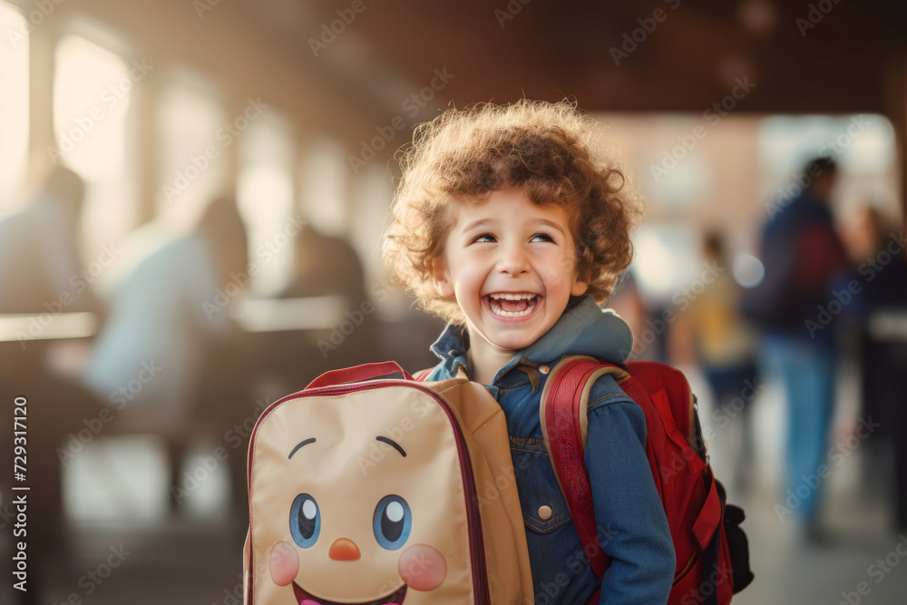 Smiling cute little son schoolboy with backpack, on the way to school, Caucasian boy, blurred background